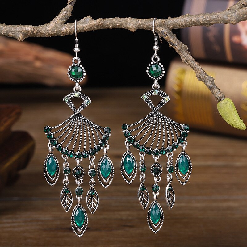 Niebieski Rhinestone etniczne kolczyki paw indyjska biżuteria w stylu Vintage srebrny kolor kryształu dynda wiszące kolczyki dla kobiet Pendientes: 62-1