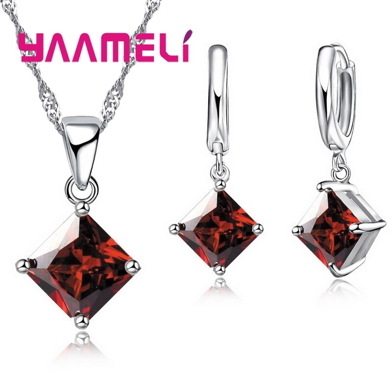 Mode Vrouwen Hangers Ketting Eenvoudige Geometrie Vierkante Oorbellen Kristal 925 Sterling Zilveren Sieraden Sets Voor Bruiloft