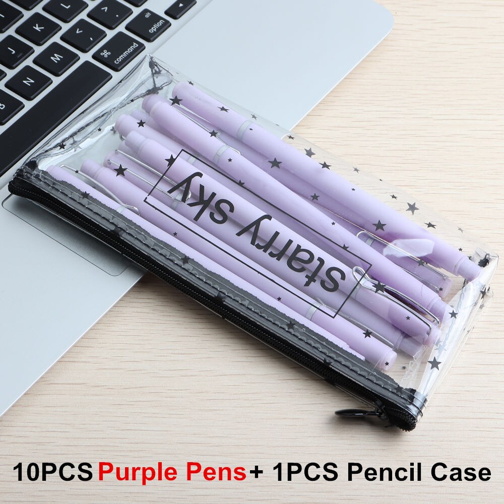10Pcs/Set Promotional gel pen And Pencil Case Pen Stationery Kawaii Gel Ink Pen School Stationery Office Suppliers Pen: 1Set Purple A
