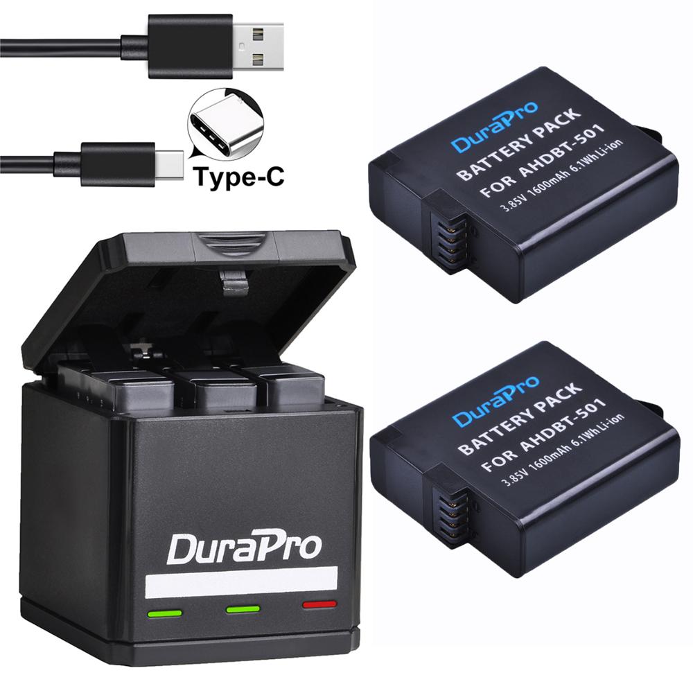 För gopro hero 7 hero 6 hero 5 svart batteri + usb 3- portar laddare med typ c port för gopro hero 7 6 hero 5 actionkameror: 2 batteripaket