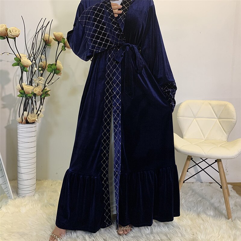 Ankomster gyllene sammet öppen front abaya kimono kvinnor muslimsk klänning blygsam slitage dubai kalkon ren abaya duster kofta
