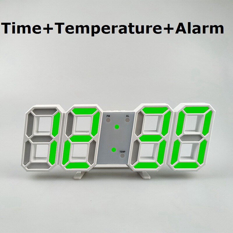 3D horloge moderne numérique 12/24 heure affichage de l'heure mur LED horloge LED rétro-éclairage support de température ou suspendus alarmes pour chambre à coucher: White Shell Green