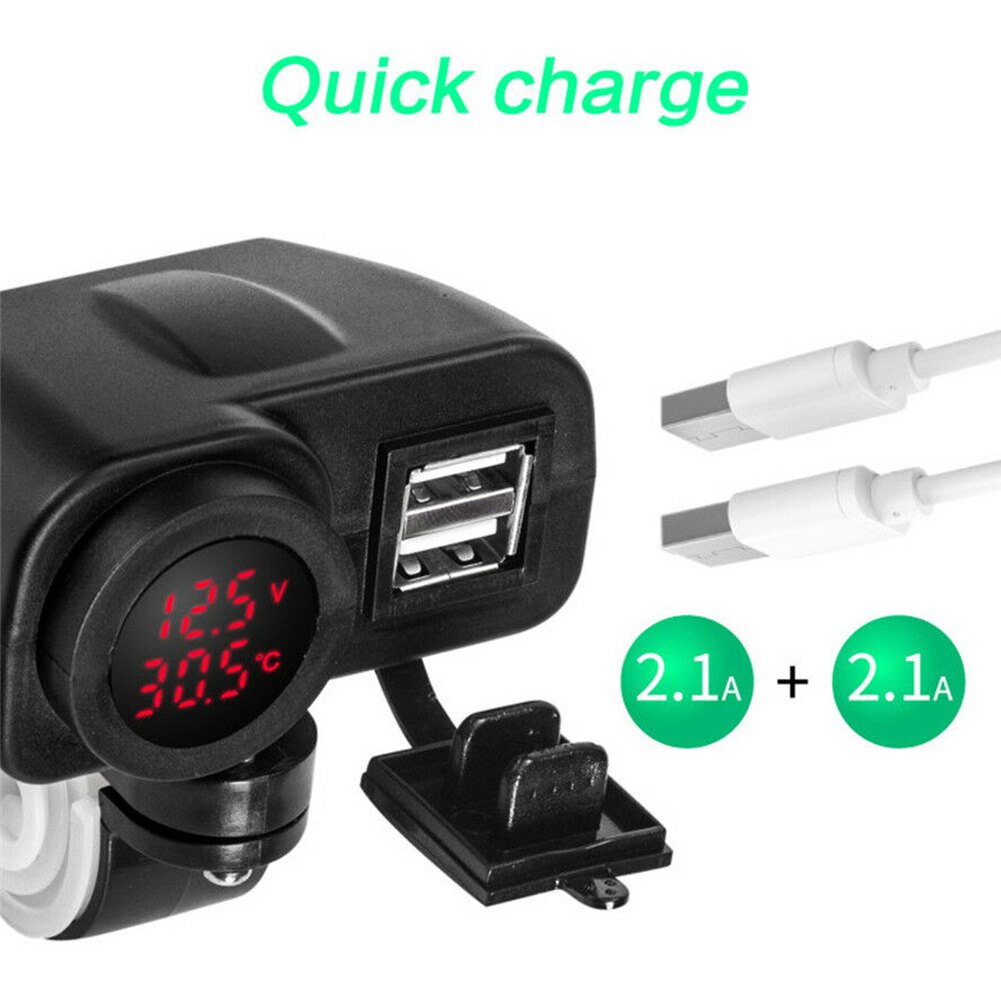 Rode Led 12 V Motorcycle Usb Lader 2.1A + 2.1A W/Digitale Voltmeter + Thermometer 12 V/24 vpower Supply Sockets/Outlets