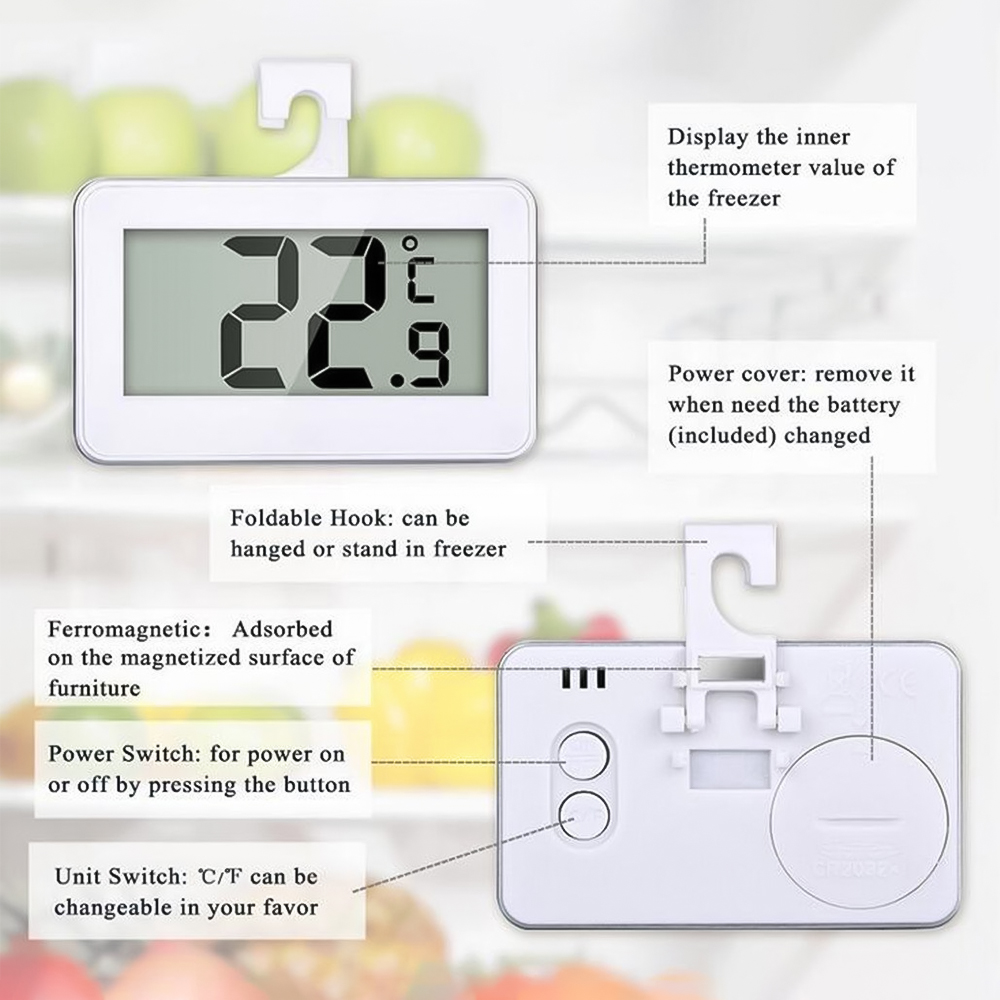 Digital kylskåpstermometer vattentät rumstermometer kylskåpslarm termometer hygrometer med krok konvertibel
