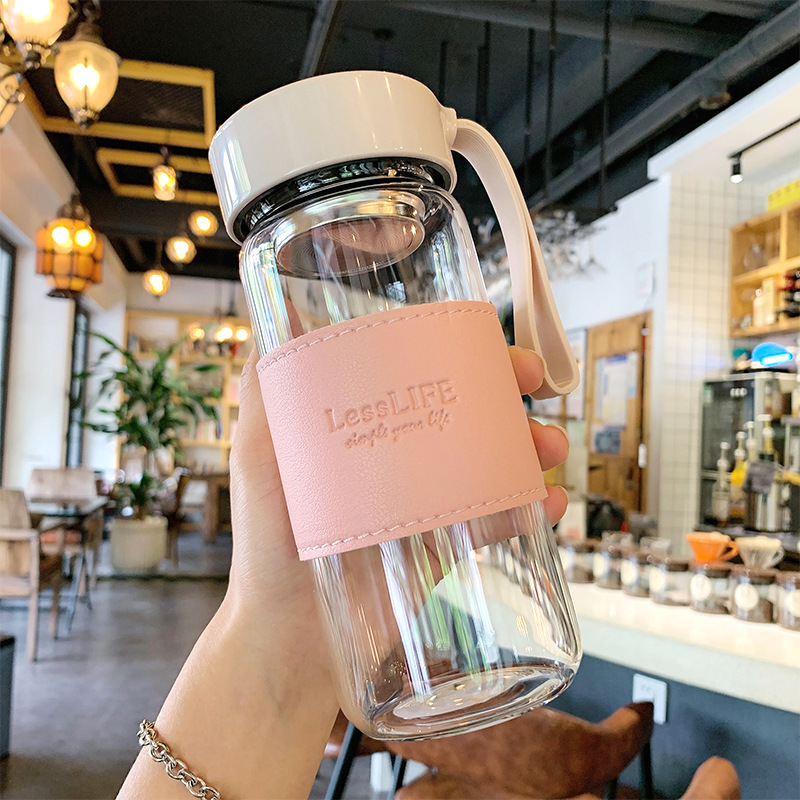 480Ml Glazen Wtaer Fles Met Thee-Infuser Isolatiehoes Riem Hoge Temperatuur Drink Mok Sap Koffie Cup Lekvrij: Roze
