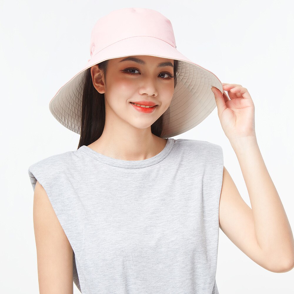 OhSunny Double-Sided Wearing Cap Solid Color Anti UV Sunscreen Bucket Hats For Women Summer Foldable Large Brim Fisherman Hat: Pink Beige