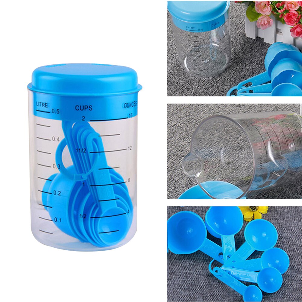 7 Pcs/Set Plastic Kitchen Measuring Tool Blue Pink Plastic Measuring Cup Spoons Sets Graduated Spoons For Kitchen Baking Coffee