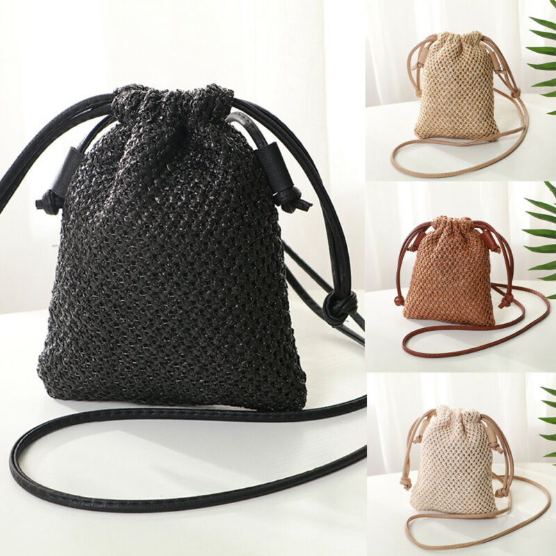 Women Girl Rattan Wicker Handbag Beach Crossbody Drawstring Bags Casual Bohemian Straw Woven Bag