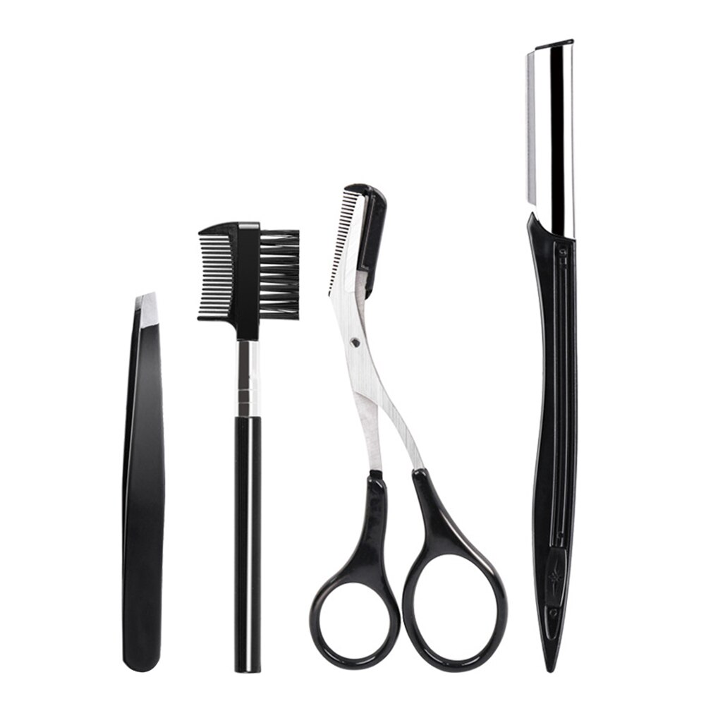 4 stuks wenkbrauwtrimmerset, kam, schaar met scheermes, epilator, gezichtsborstel, pincet, make-uptool, roestvrij staal, draagbare clip