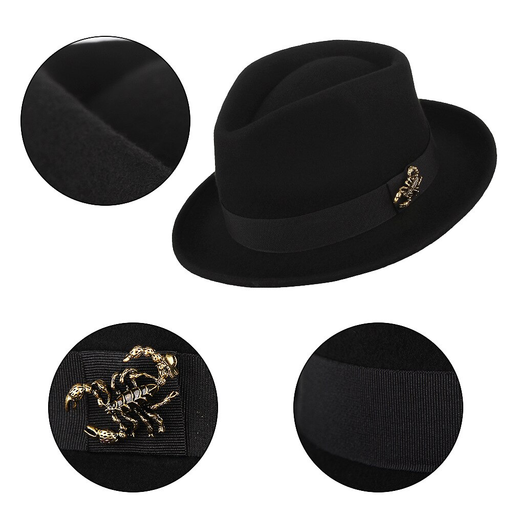 Men's Retro Scorpion Black Fedoras Hat Male Wool Gentlemen's Jazz Fedora Cap Church Party Banquet Vintage Hats H7212