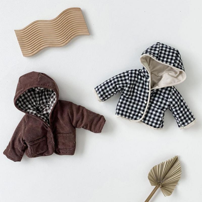 Hiver bébé garçons et filles manteau Plaid épaissi coton velours côtelé manteau enfants Double face décontracté à capuche veste 6M-3T