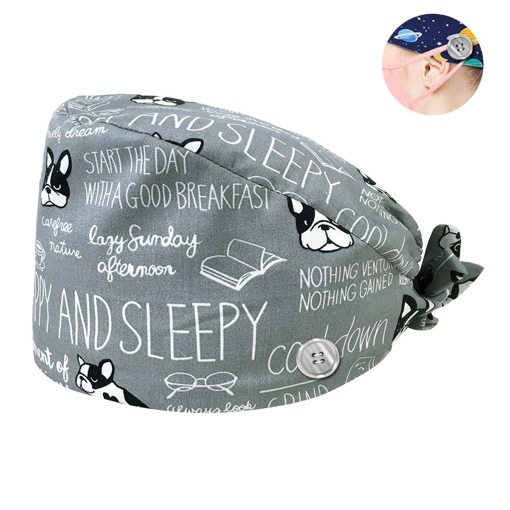 Cartoon print gezondheidscontrole werkmutsen met zweetabsorberende scrubs damesmutsen met knoop katoenen scrubmutsen voor dierenwinkels: 12188