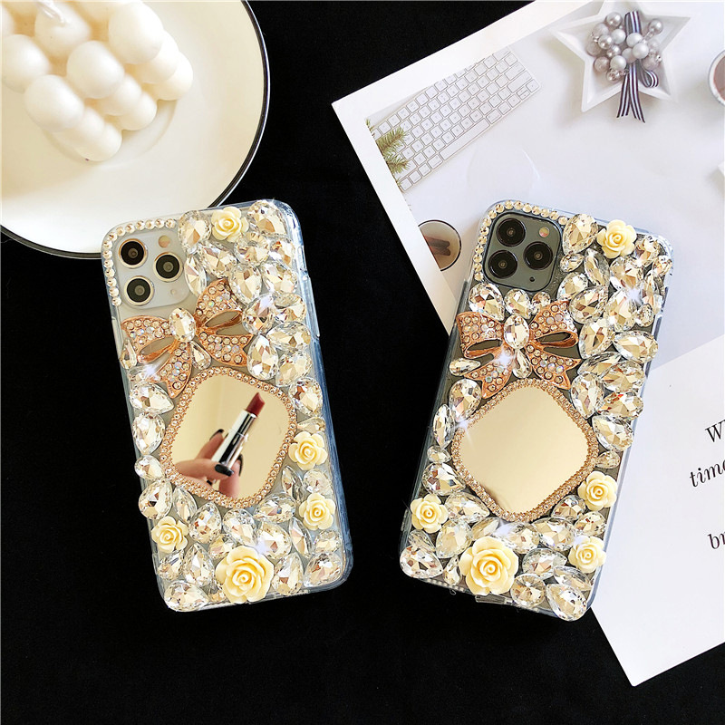 Suitable for IPhone 11/12promax 7/8plus Rhinestone Makeup Mirror Bow Case for IPhone XSmax XR XS X Protective Sleeve
