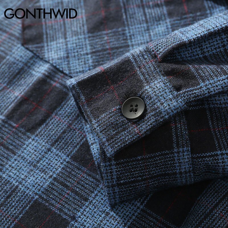 GONTHWID-camisas a cuadros de manga larga con bolsillos delanteros para hombre, ropa informal de Hip Hop, ropa de calle, camisas, abrigos, camisetas Harajuku