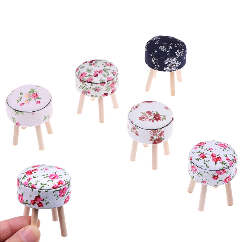 1/12 Scale Dollhouse Miniature Wooden Table Furniture Round Floral Stool Chair for Dolls House Decor Kids Pretend Play Toy