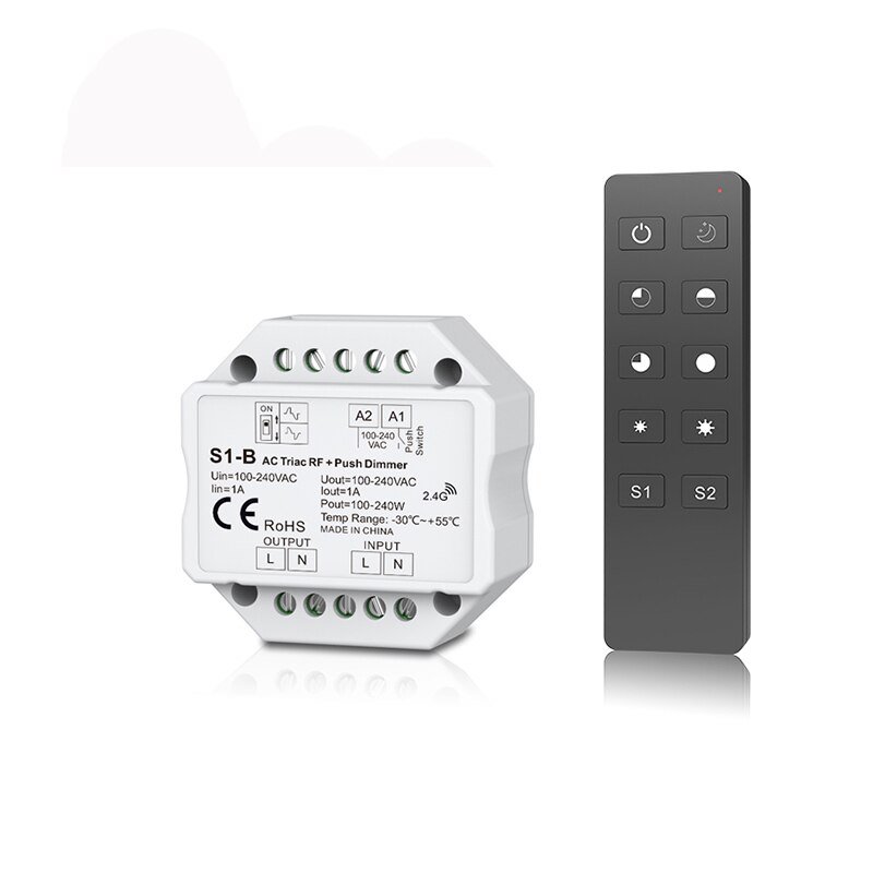 Led Triac Bulb Dimmer Built-in Dimmable 220V RF Wireless 100V-240VAC 1A 240W Output Push Dim Switch Controller: S1-B and R1