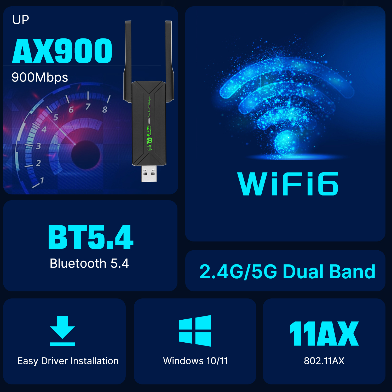 WiFi AX900 USB Adapter Bluetooth 5.4 Wireless Network Card 2.4G/5GHz Wi-Fi Antenna USB Dongle Recevier For PC/Laptop Driver Free
