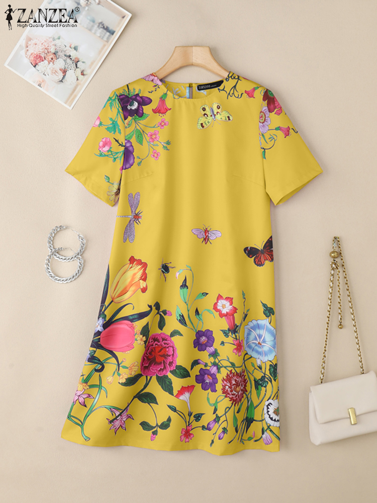 Zanzea zomerjurk met bloemenprint voor dames, stijlvolle feestjurken, korte mouwen, werkjurk, zomerjurk, bohemian vestidos: M / Geel