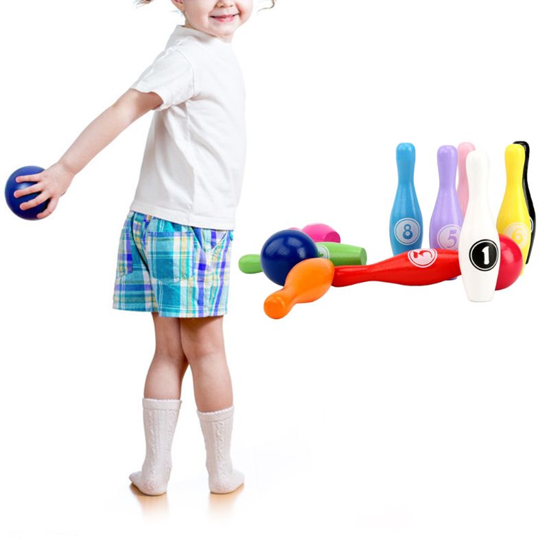 Juego de bolos de madera para niños, juego de bolos de 10 pines y 2 bolas, para interior, 12 unidades