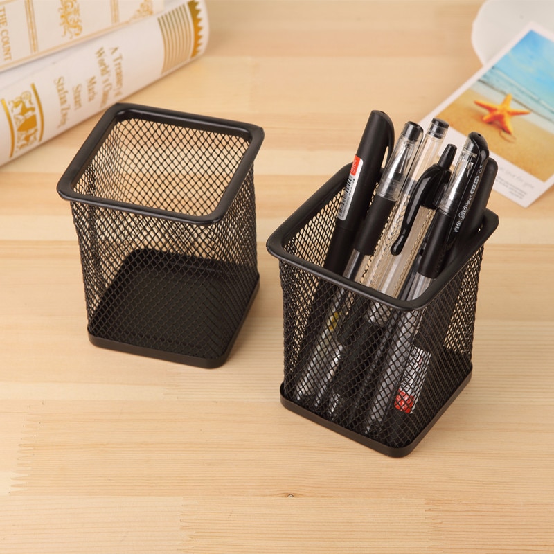 Metal Mesh Square Pen Pot Case Pencil Holder Office Desk Stationery Container Organiser Durable Pencil Case Black