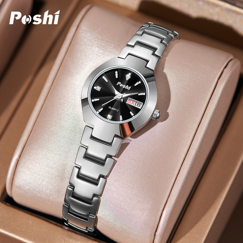 Swiss poshi women's watch, stainless steel, simple, waterproof, luminous with date, week, quartz watch, elegant bracelet as