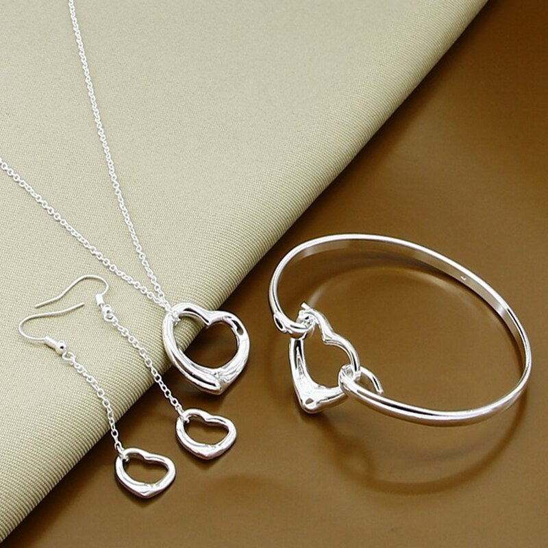 925 Zilveren Sieraden Sets Mode Eenvoudige Hart Kwastje Oorbellen Ketting Armbanden Set Voor Vrouw Vrouwelijke Sieraden