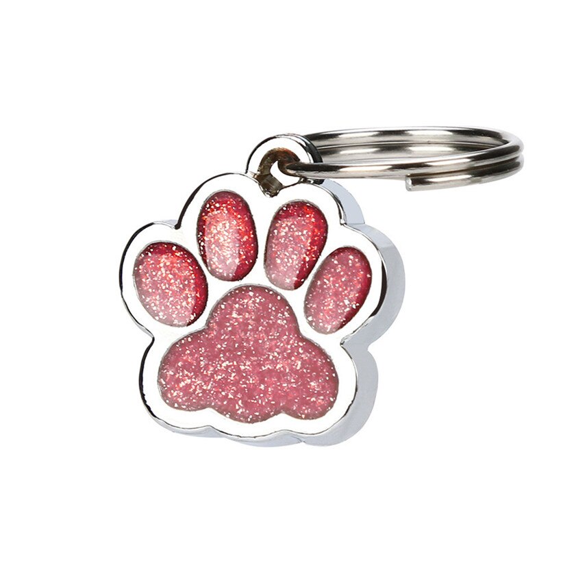 Transer billig kæledyrsforsyning 25mm skinnende glitter pote form kæledyr hund kat id tag nøglering med ring 207: Rød