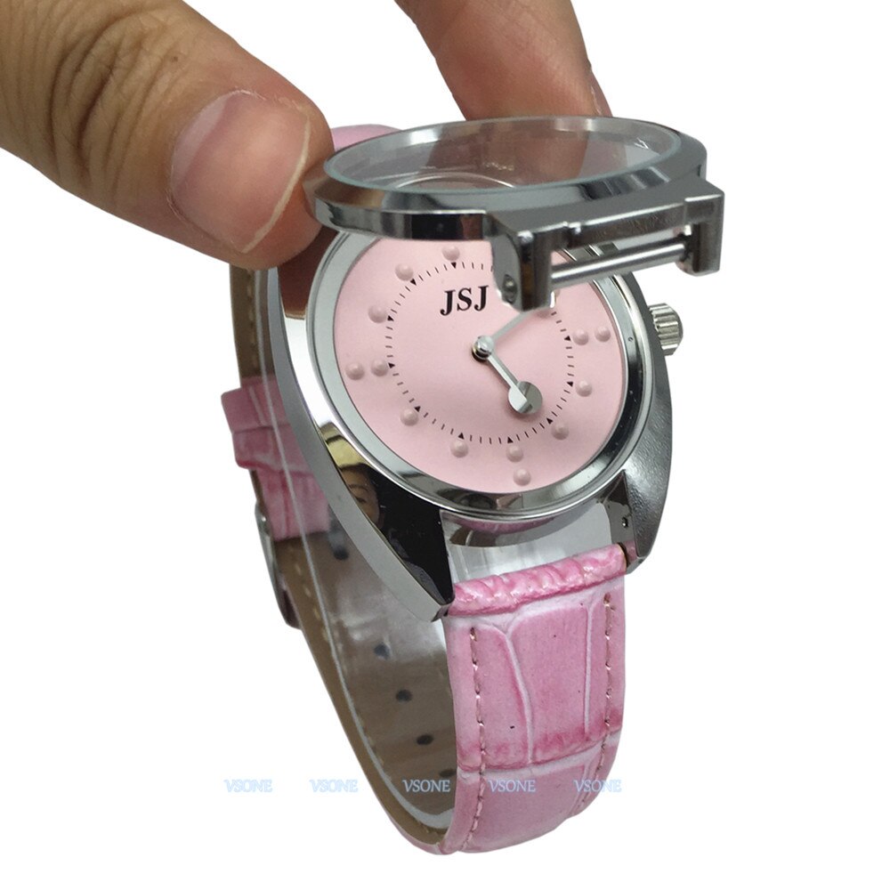 Reloj táctil para gente ciega o de baja visión con correa de cuero rosa, esfera rosa