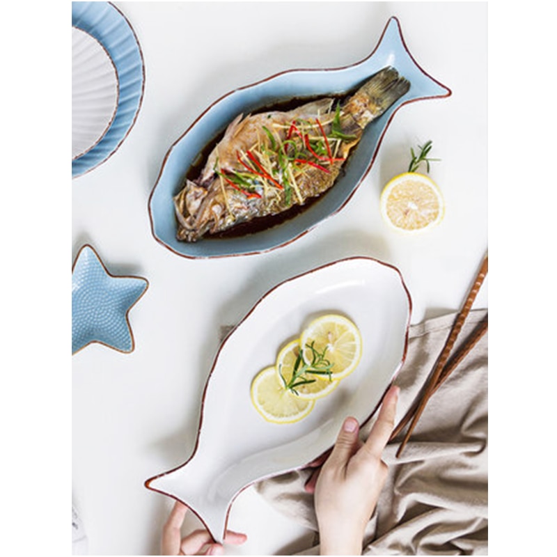 Ceramic Fish Serving Plate Hotel Restaurant Home Fish Shape Dish Fruit Salad Plate Dinner Rectangle Sushi Dessert Tray