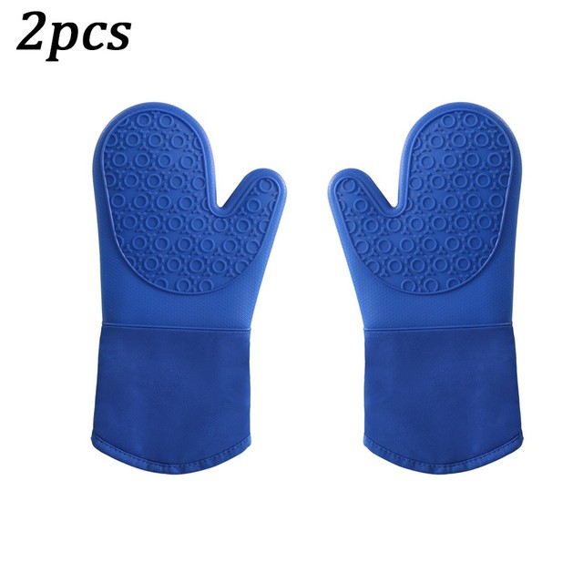 Non-Slip Silicone Microwave Glove Long Cotton BBQ Oven Baking Pot Mitts Cooking Heat Resistant Kitchen Baking Tool: Navy blue  2pcs