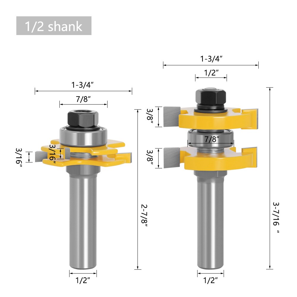 2 stk sett 12mm 1/2 &quot; skaft tappkutter gulv trebit t type justerbart spor &amp; freser med fres til trebearbeiding: 12.7mm skaft