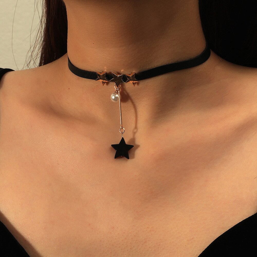 Yobest Hohlen Entwürfe Schwarz Leder Samt Halsband Halskette Schicht Chockers Jahrgang gotisch Schmuck Gothic Halskette für Frauen Collier: E02643