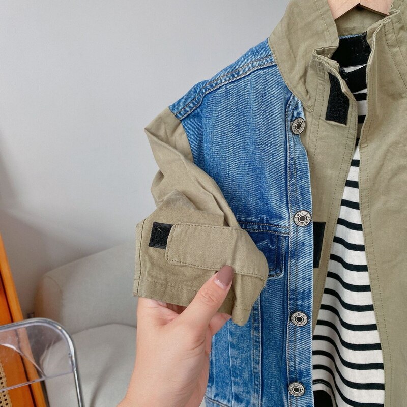 2021 vendita calda autunno bambini ragazzi ragazze cappotto patchwork maniche lunghe falso due giacche bambini Denim capispalla stile Casual E425