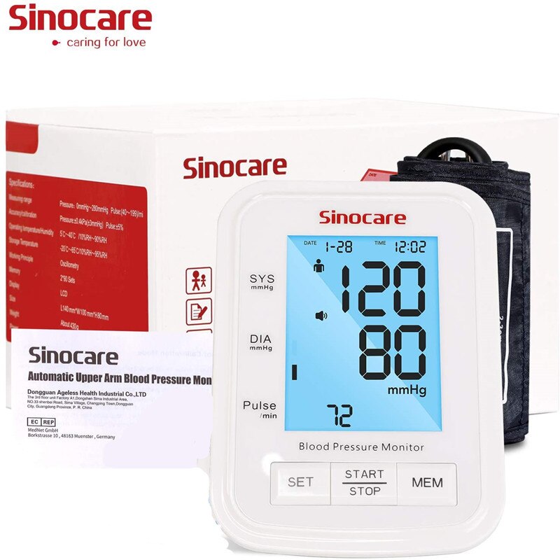 Sinocare blodtryksmåler tensiometer overarm automatisk digital bp maskine puls pulsmåler lcd display: Hed