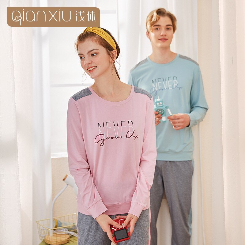 Men's Cotton Pajamas Letter Sleepwear man long sleeve blue Pajama Sets Casual Sleep&Lounge Pyjamas male round collar Pijama