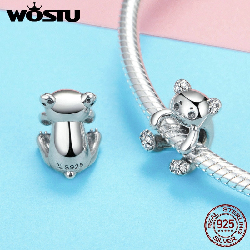 WOSTU 925 Sterling Silver Lovely Hug Bear Beads Fit Charm Bracelet Pendant Original Unique Jewelry Accessories CQC984