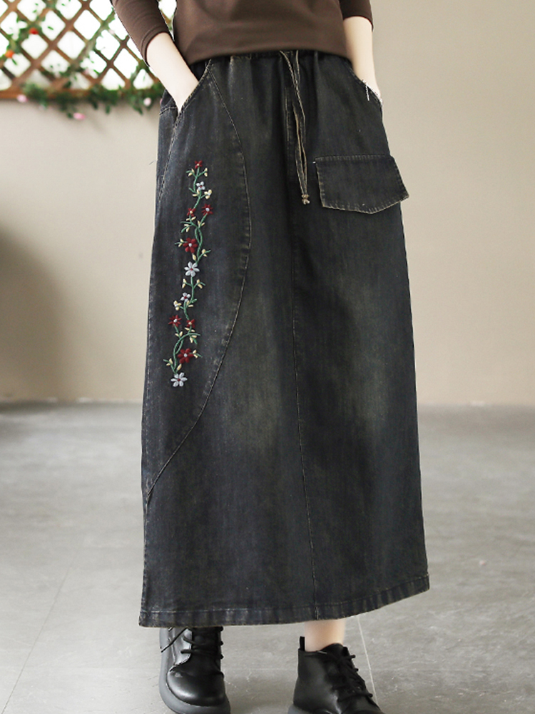 Max lulu forår kinesisk stil denim nederdele dame fritid løst broderi tøj dame klassiske harajuku kjoler