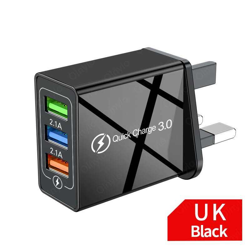 USB Ladegerät Für Smart Telefon 3 Port Schnelle Ladung Für iPhone 12 Xiaomi Mobile Adapter Für Huawei Samsung s10 EU/UNS/UK Wand Ladegeräte: UK Black