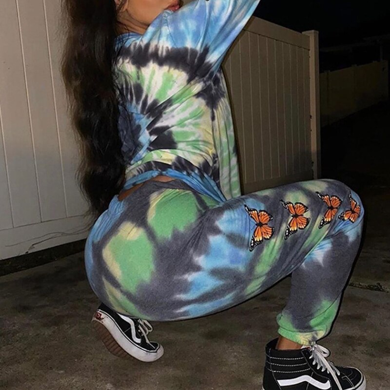 Autumn Harajuku Butterfly Tie Dye Print Baggy Joggers Pants Women High Waist Club Street Hip Hop Sports Casual Trousers