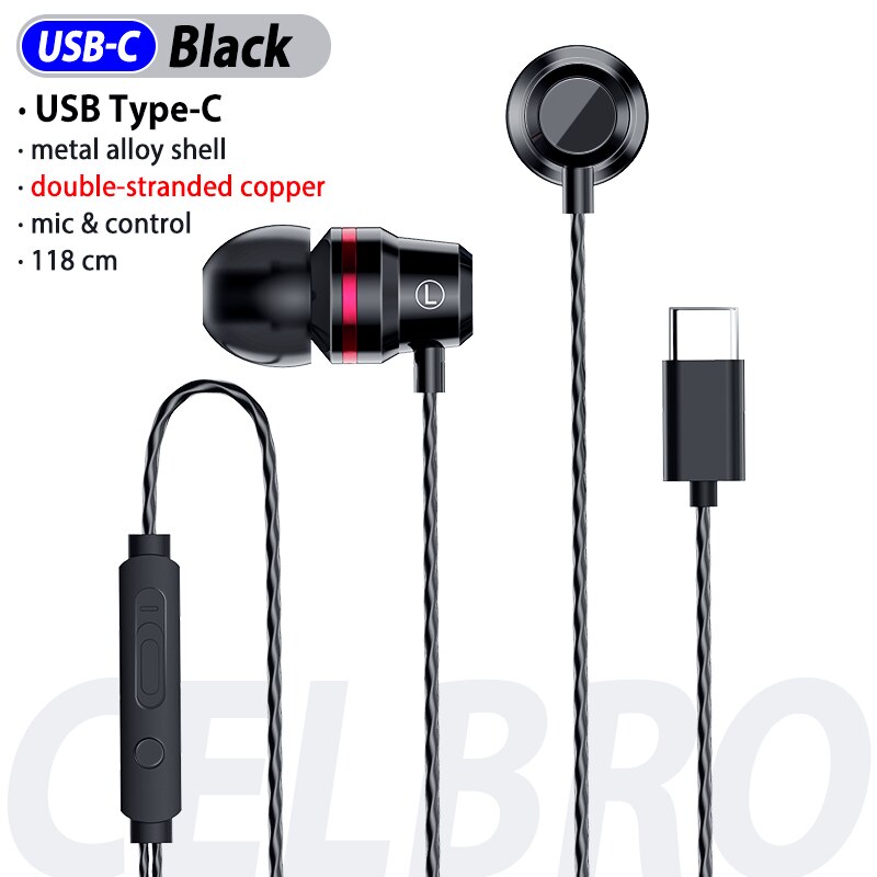 Wired Earphones In Ear Bass Gaming For Xiaomi Headphones Wired HIFI Type C Headset For Samsung Headphone With Mic Wired Earphone: black type c plug