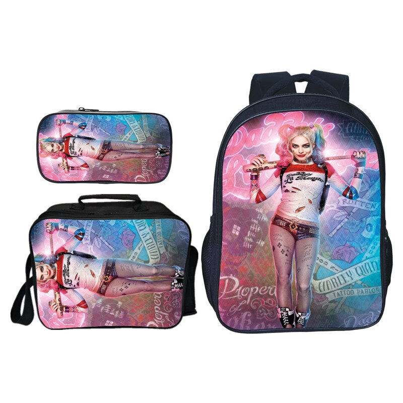 3Pcs/Set 3D Printing Suicide Squad Teenagers Girls School Backpacks Harley Quinn Kids Baby Book Bags Kindergarten: black3 / 13 Inches