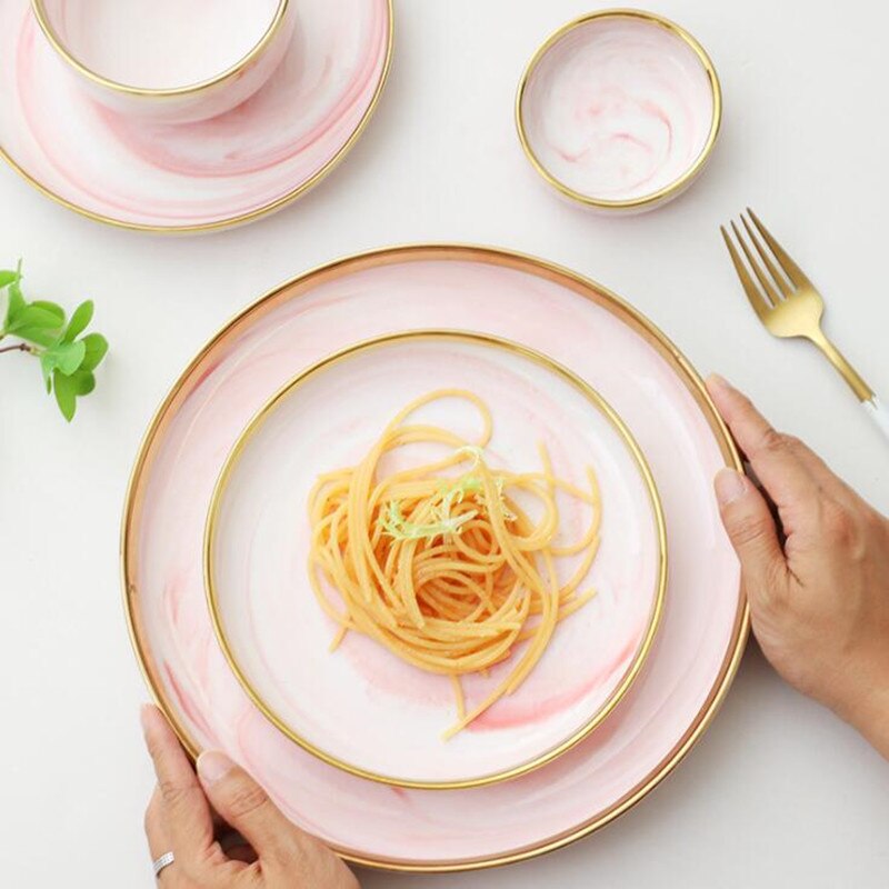 Double-sided Gilt Rim Pink Marble Pattern Porcelain Dinner Plate Salad Noodles Bowl Spoon Ceramic Kitchen Tableware 1Pcs