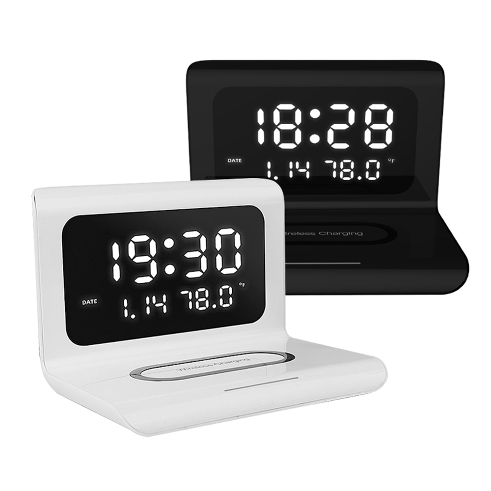 Trådløs oplader digitalt vækkeur 10w qi hurtigopladningsplade desktop home decor termometer kalender til iphone samsung