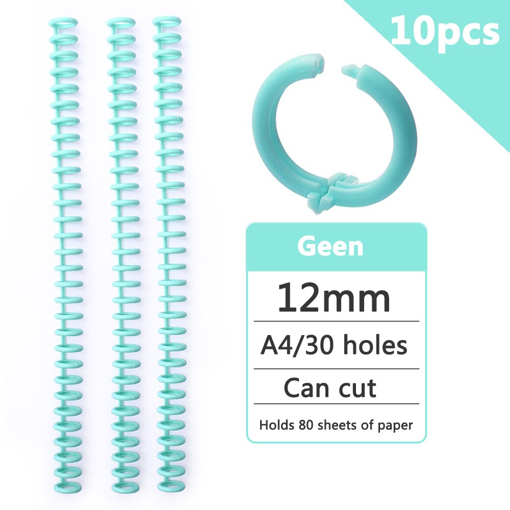 Anillo de encuadernación de plástico de hojas sueltas, anillos en espiral de resorte para 30 agujeros, A4, A5, A6, papel, cuaderno, papelería, suministros de oficina, 10 piezas, 30 agujeros: green 10pcs