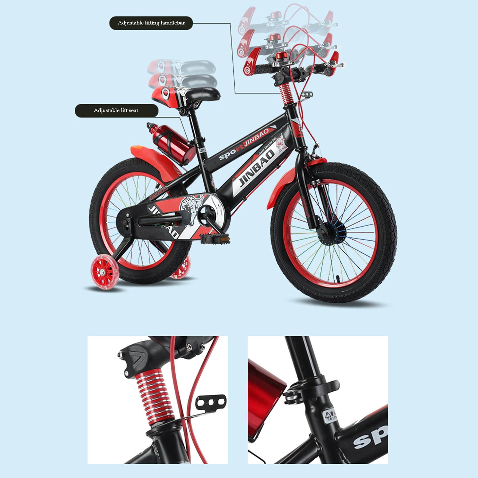 18-inch Boys Girls Bicycle Non-slip Handle Grip Children Beginner Safety Training Wheels Balance Bike with Kettle and Bracket