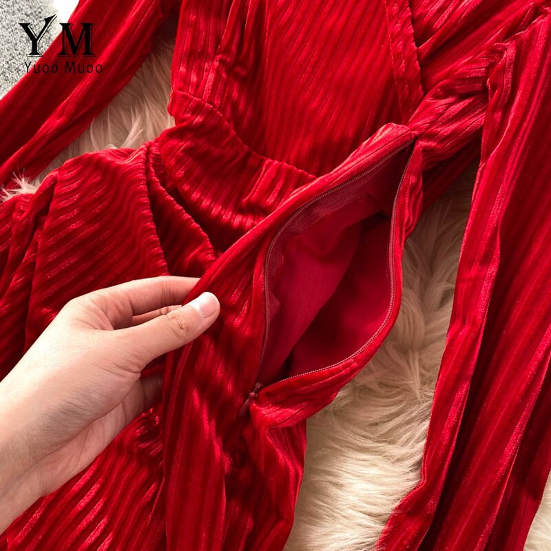 Yuoomuoo ylellinen vintage samettimekko merkki naiset v-pääntie korkea vyötärö pitkä juhlamekko rypytetty maxi naisten mekko