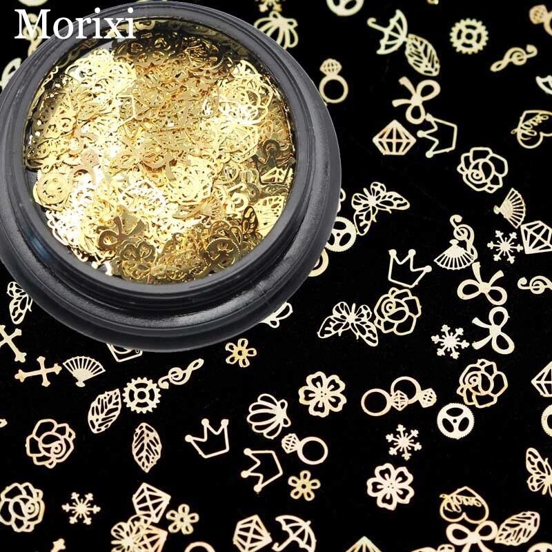 3D metall nagel kunst dekoration gemischt bilden Gold blumen kreuz blätter Niet DIY Reize metall pailletten nagel zubehör BZ016