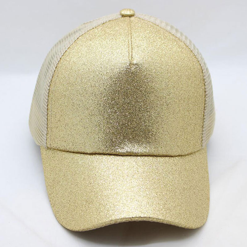 Damehat glitter høj hestehale hul kasket 5 #39 mesh trucker baseball cap guld sølv hvid sort pink brun blå