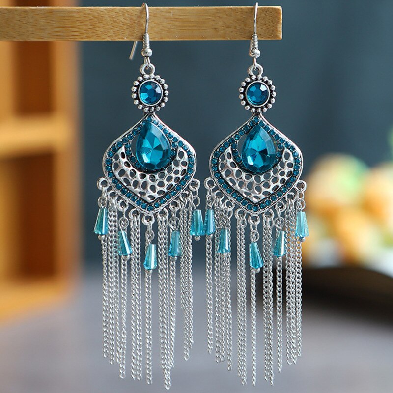 Bohemian Long Tassel Earrings 2022 Trend Water Alloy Crystal Beads Women Vintage Rhinestone Chain Earrings: E1969Aquamarine