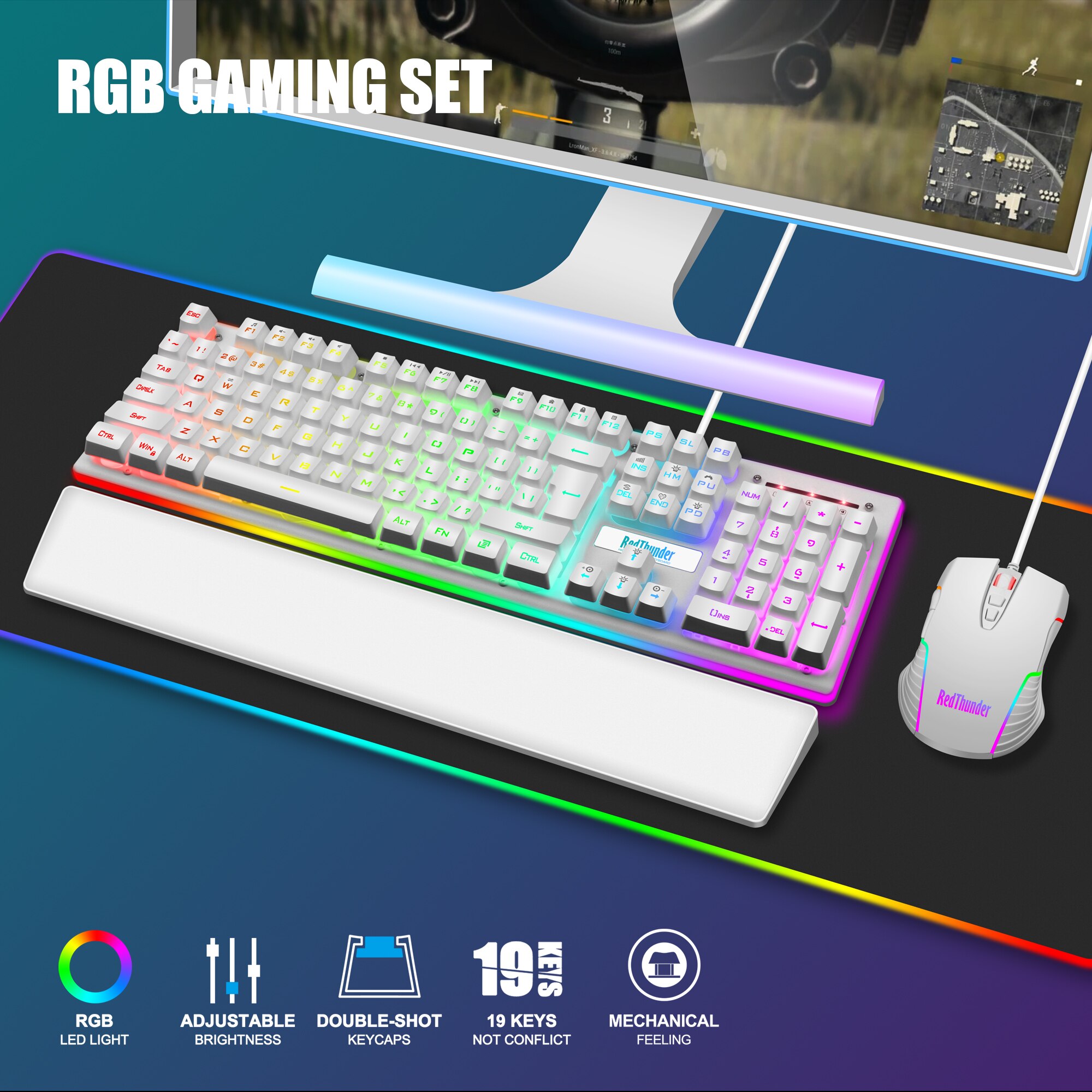 Redthunder K10 Gaming Toetsenbord En Muis Combo, Rgb Backlit, Zachte Lederen Polssteun, anti-Ghosting + 7D 3200Dpi Muizen Voor Gamer